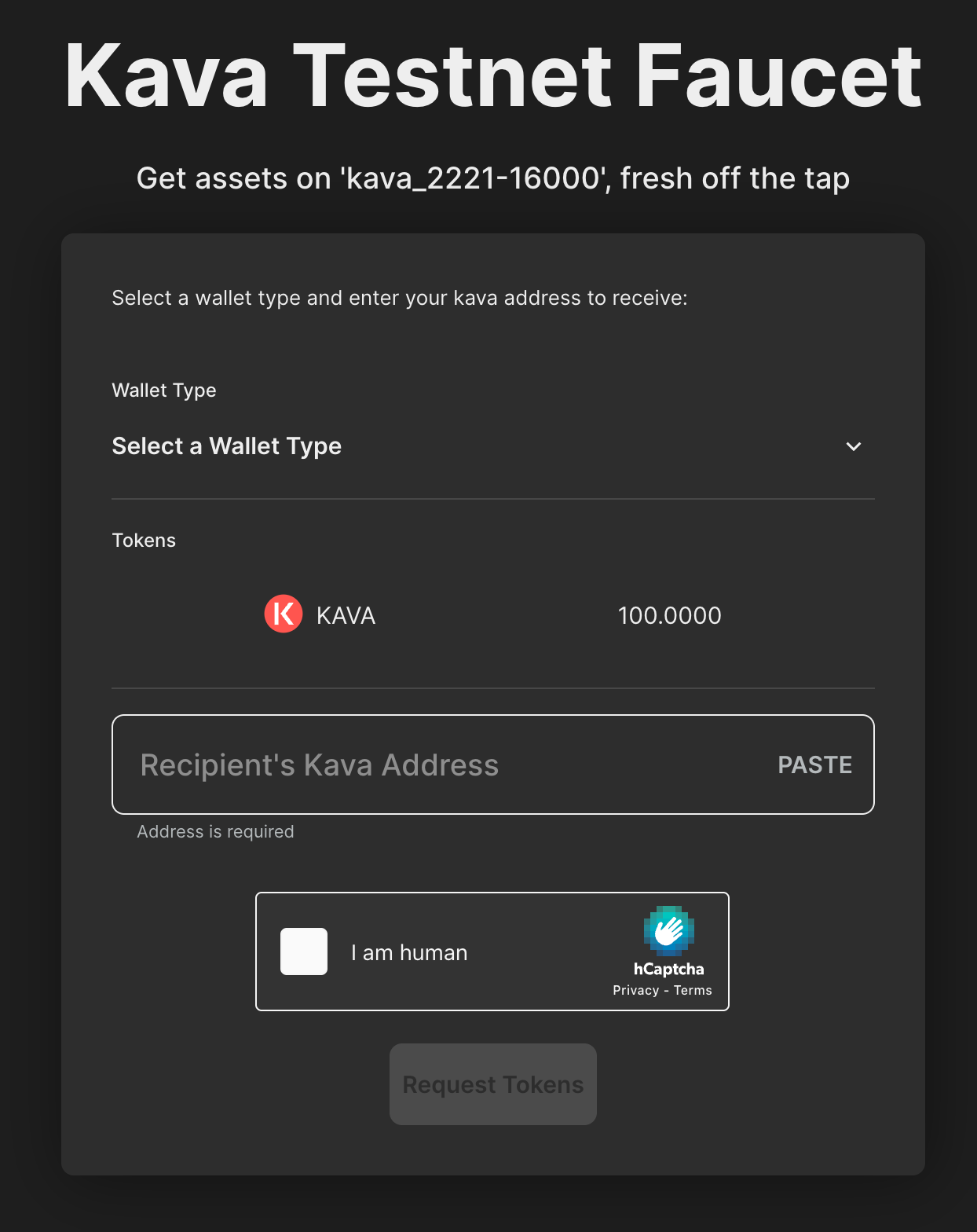 Screenshot of Kava Faucet Website